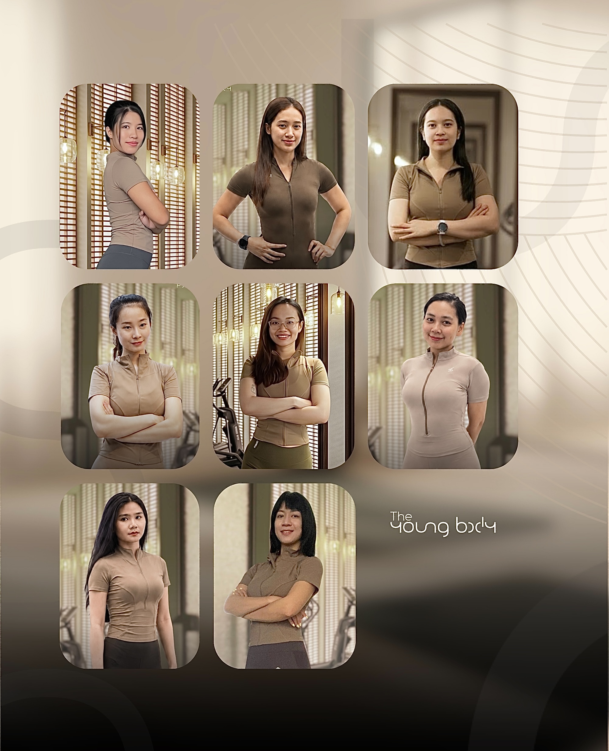 Đội ngũ huấn luyện viên The Young Body: sáu huấn luyện viên trong trang phục đồng bộ tại phòng tập.